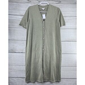 NWT J.JILL Sage Green Linen Blend Knit Button Up Dress Short Sleeve‎ Size M